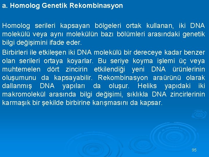 a. Homolog Genetik Rekombinasyon Homolog serileri kapsayan bölgeleri ortak kullanan, iki DNA molekülü veya