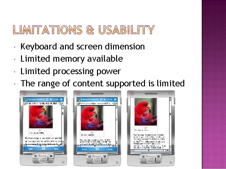  Keyboard and screen dimension Limited memory available Limited processing power The range of