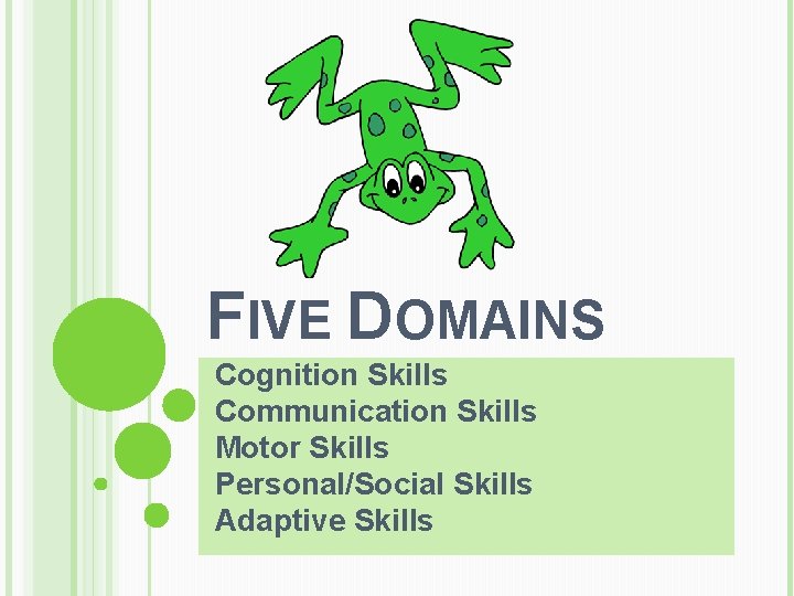 FIVE DOMAINS Cognition Skills Communication Skills Motor Skills Personal/Social Skills Adaptive Skills 