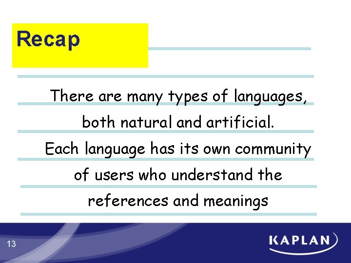 Recap There are many types of languages, both natural and artificial. Each language has Recap There are many types of languages, both natural and artificial. Each language has