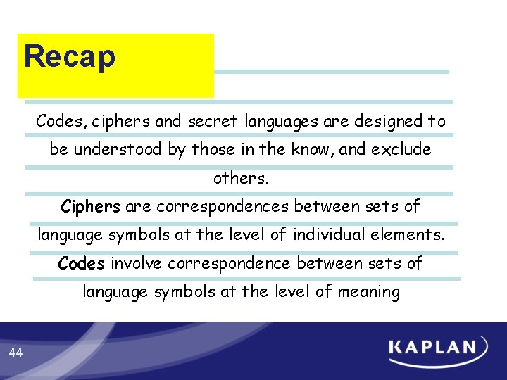 Recap Codes, ciphers and secret languages are designed to be understood by those in Recap Codes, ciphers and secret languages are designed to be understood by those in