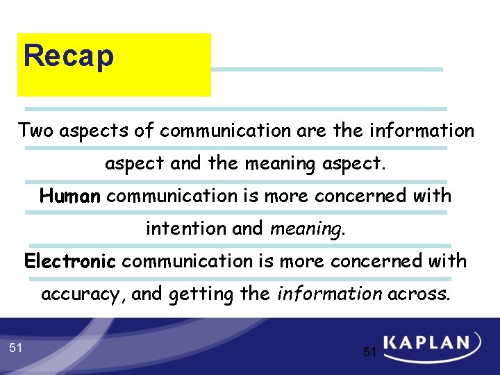 Recap Two aspects of communication are the information aspect and the meaning aspect. Human Recap Two aspects of communication are the information aspect and the meaning aspect. Human