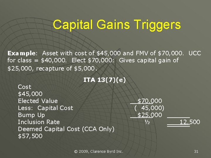 Capital Gains Triggers Example: Asset with cost of $45, 000 and FMV of $70,