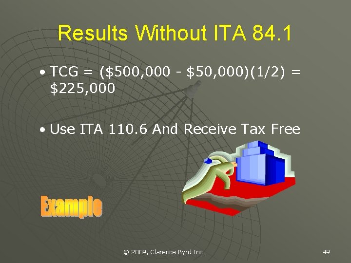 Results Without ITA 84. 1 • TCG = ($500, 000 - $50, 000)(1/2) =
