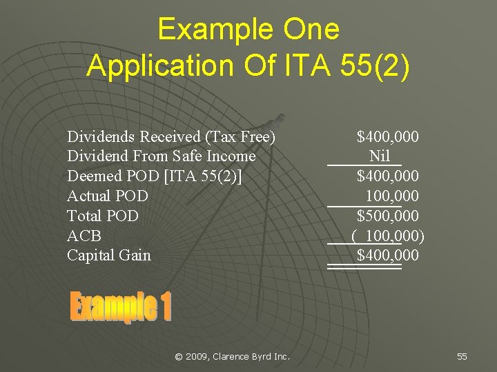 Example One Application Of ITA 55(2) Dividends Received (Tax Free) Dividend From Safe Income