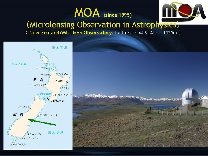 MOA (since 1995) （Microlensing Observation in Astrophysics） （ New Zealand/Mt. John Observatory, Latitude： 44