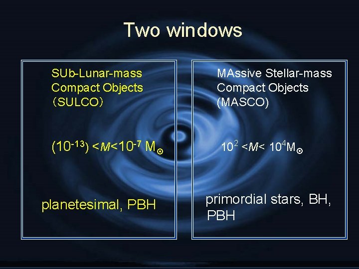 Two windows SUb-Lunar-mass Compact Objects （SULCO） MAssive Stellar-mass Compact Objects (MASCO) (10 -13) <M<10