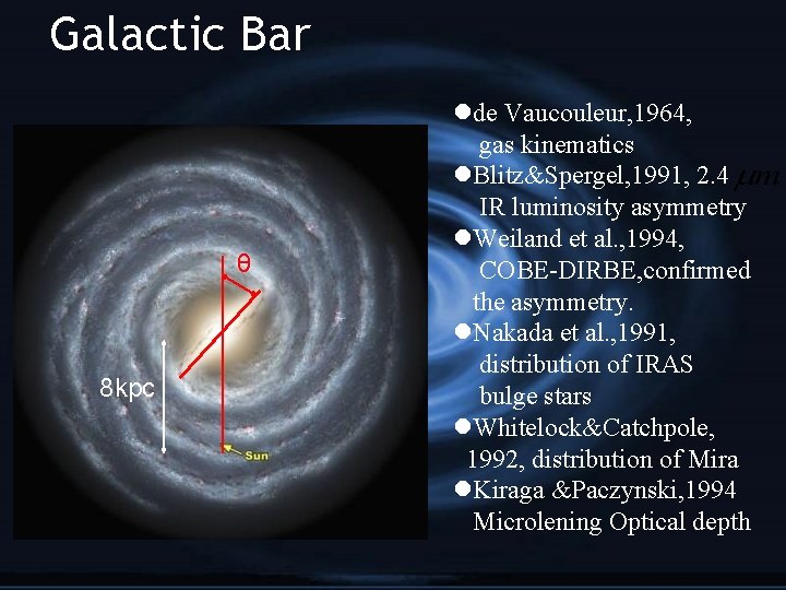 Galactic Bar θ 8 kpc lde Vaucouleur, 1964, gas kinematics l. Blitz&Spergel, 1991, 2.
