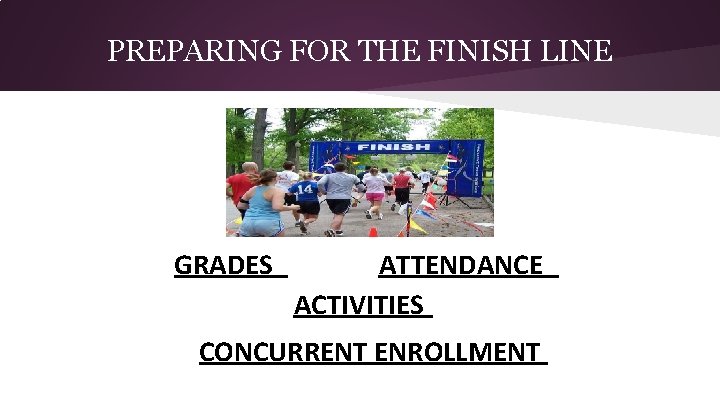 PREPARING FOR THE FINISH LINE GRADES ATTENDANCE ACTIVITIES CONCURRENT ENROLLMENT 