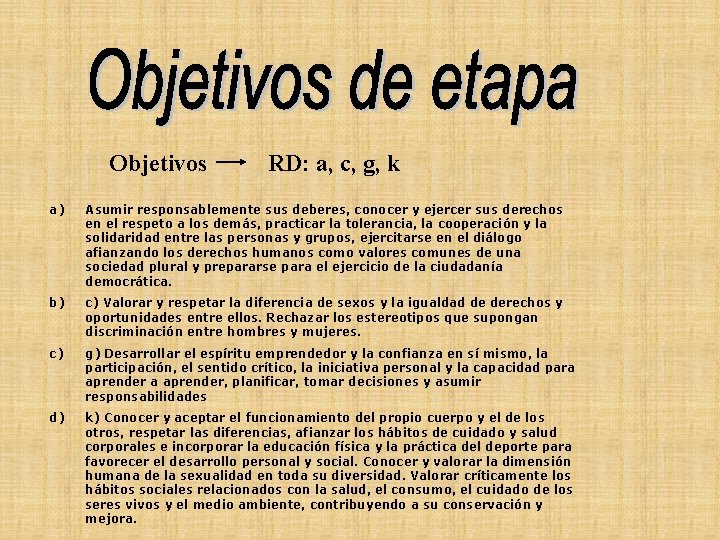 Objetivos RD: a, c, g, k a) Asumir responsablemente sus deberes, conocer y ejercer