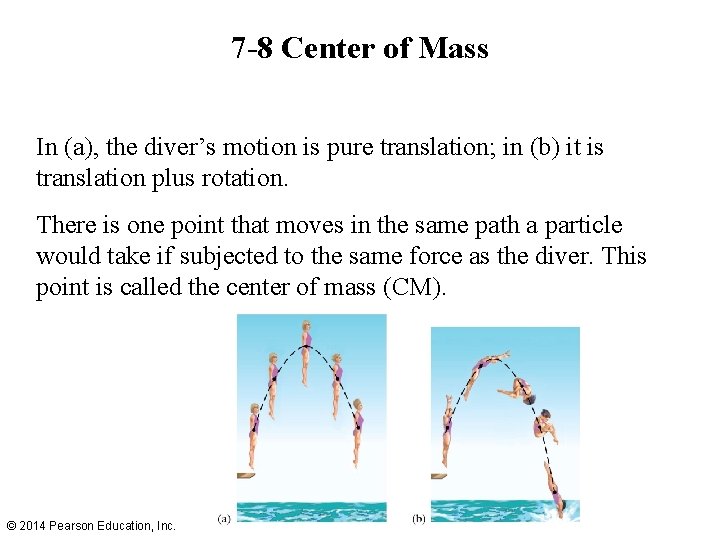 7 -8 Center of Mass In (a), the diver’s motion is pure translation; in