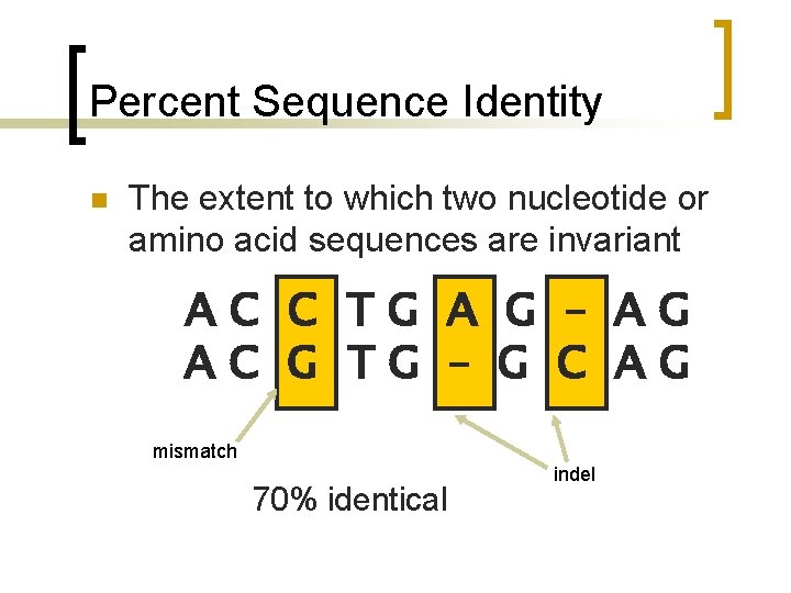 Percent Sequence Identity n The extent to which two nucleotide or amino acid sequences