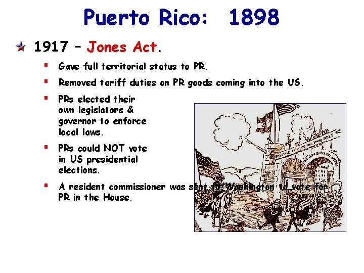 Puerto Rico: 1898 1917 – Jones Act. § Gave full territorial status to PR.