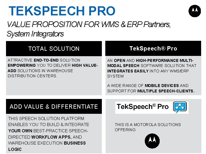 TEKSPEECH PRO VALUE PROPOSITION FOR WMS & ERP Partners, System Integrators TOTAL SOLUTION ATTRACTIVE