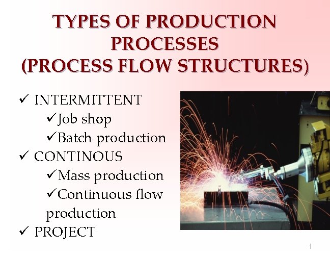 TYPES OF PRODUCTION PROCESSES (PROCESS FLOW STRUCTURES) ü INTERMITTENT üJob shop üBatch production ü