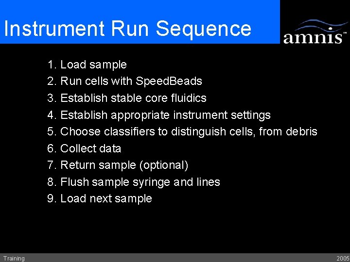 Instrument Run Sequence 1. Load sample 2. Run cells with Speed. Beads 3. Establish