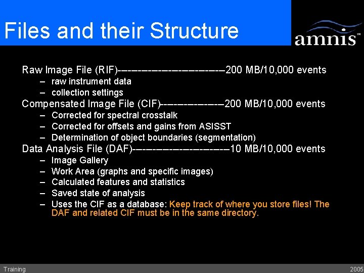 Files and their Structure Raw Image File (RIF)----------------200 MB/10, 000 events – raw instrument