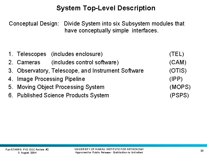 System Top-Level Description Conceptual Design: Divide System into six Subsystem modules that have conceptually