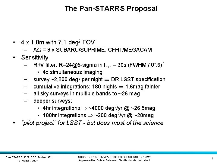 The Pan-STARRS Proposal • 4 x 1. 8 m with 7. 1 deg 2