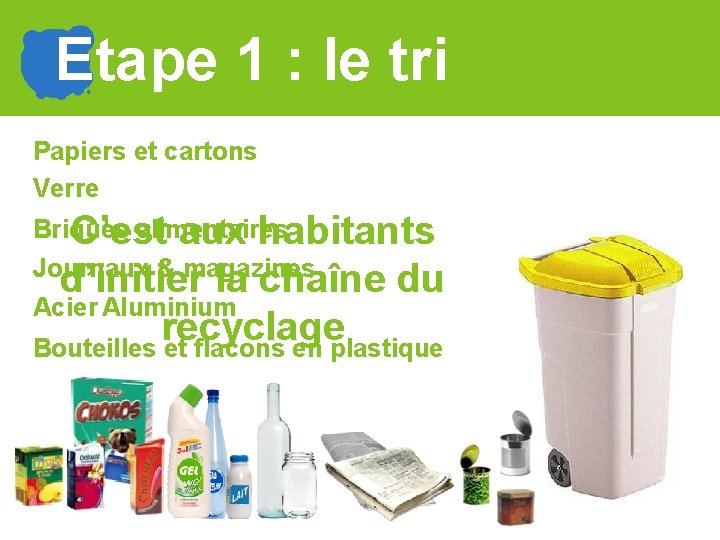 Etape 1 : le tri Papiers et cartons Verre Briques alimentaires C’est aux habitants