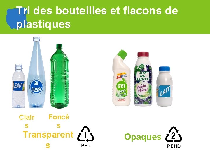 Tri des bouteilles et flacons de plastiques Clair s Foncé s Transparent s Opaques