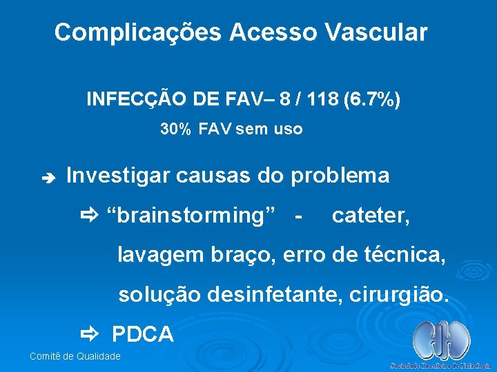 Complicações Acesso Vascular INFECÇÃO DE FAV– 8 / 118 (6. 7%) 30% FAV sem