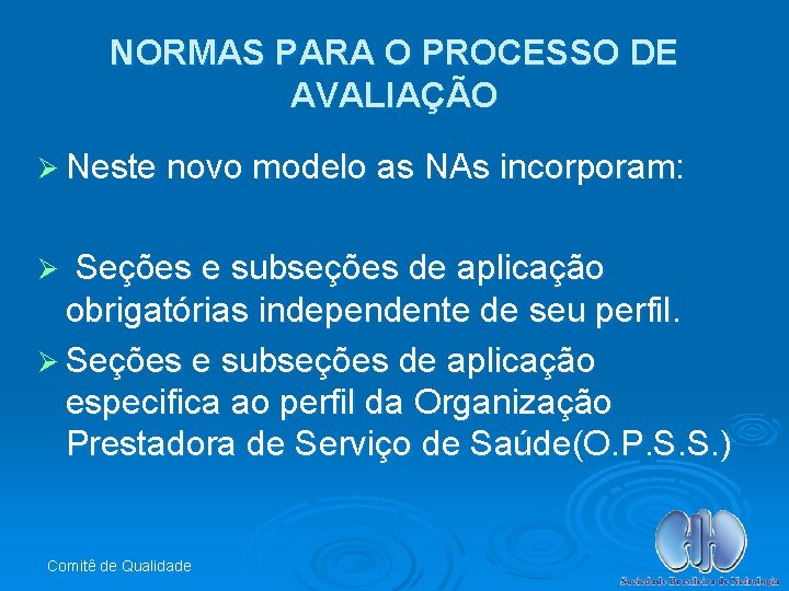 NORMAS PARA O PROCESSO DE AVALIAÇÃO Ø Neste novo modelo as NAs incorporam: Seções