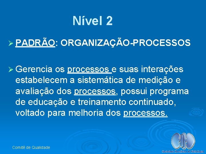 Nível 2 Ø PADRÃO: ORGANIZAÇÃO-PROCESSOS Ø Gerencia os processos e suas interações estabelecem a