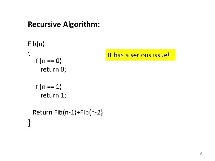 Recursive Algorithm: Fib(n) { if (n == 0) return 0; It has a serious