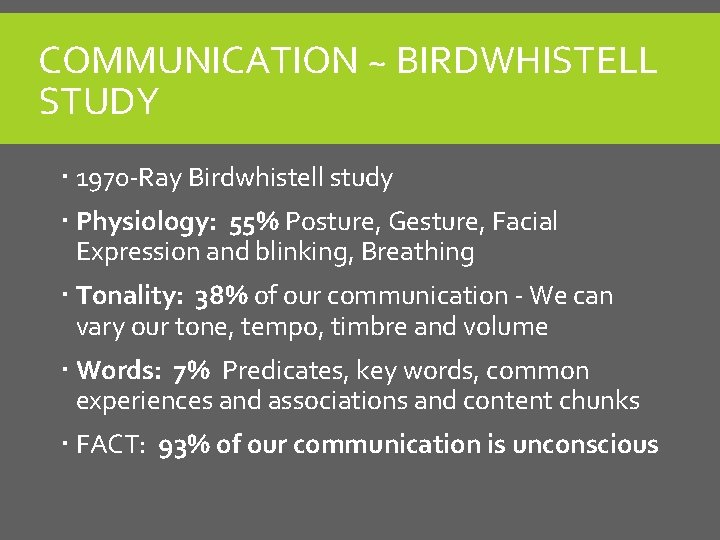 COMMUNICATION ~ BIRDWHISTELL STUDY 1970 -Ray Birdwhistell study Physiology: 55% Posture, Gesture, Facial Expression COMMUNICATION ~ BIRDWHISTELL STUDY 1970 -Ray Birdwhistell study Physiology: 55% Posture, Gesture, Facial Expression