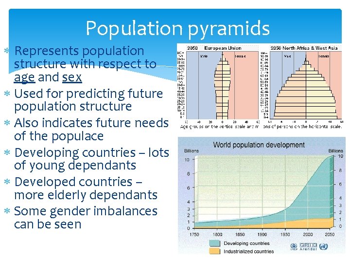 Population pyramids Represents population structure with respect to age and sex Used for predicting