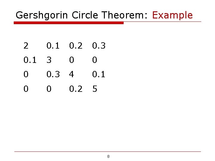 Gershgorin Circle Theorem: Example 2 0. 1 0. 2 0. 3 0. 1 3 Gershgorin Circle Theorem: Example 2 0. 1 0. 2 0. 3 0. 1 3