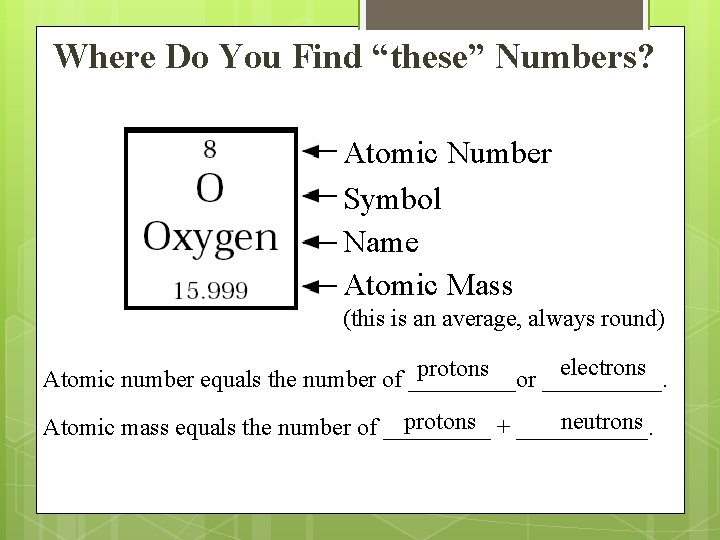 Where Do You Find “these” Numbers? Atomic Number Symbol Name Atomic Mass (this is