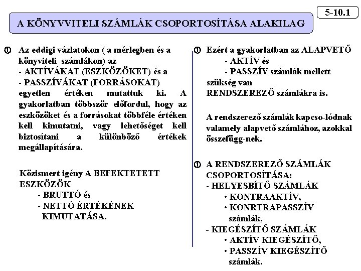 A KÖNYVVITELI SZÁMLÁK CSOPORTOSÍTÁSA ALAKILAG 5 -10. 1 Az eddigi vázlatokon ( a mérlegben