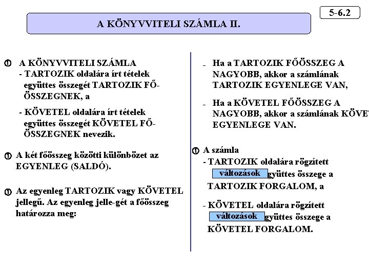 A KÖNYVVITELI SZÁMLA II. A KÖNYVVITELI SZÁMLA - TARTOZIK oldalára írt tételek együttes összegét