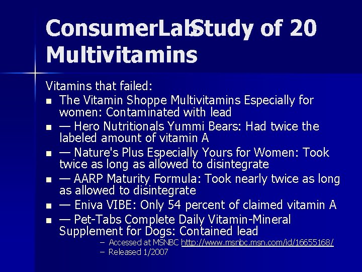 Consumer. Lab. Study of 20 Multivitamins Vitamins that failed: n The Vitamin Shoppe Multivitamins