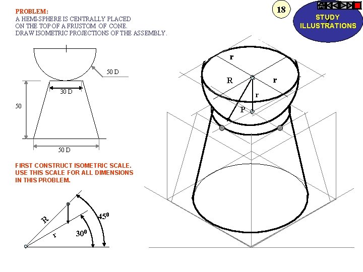 18 PROBLEM: A HEMI-SPHERE IS CENTRALLY PLACED ON THE TOP OF A FRUSTOM OF