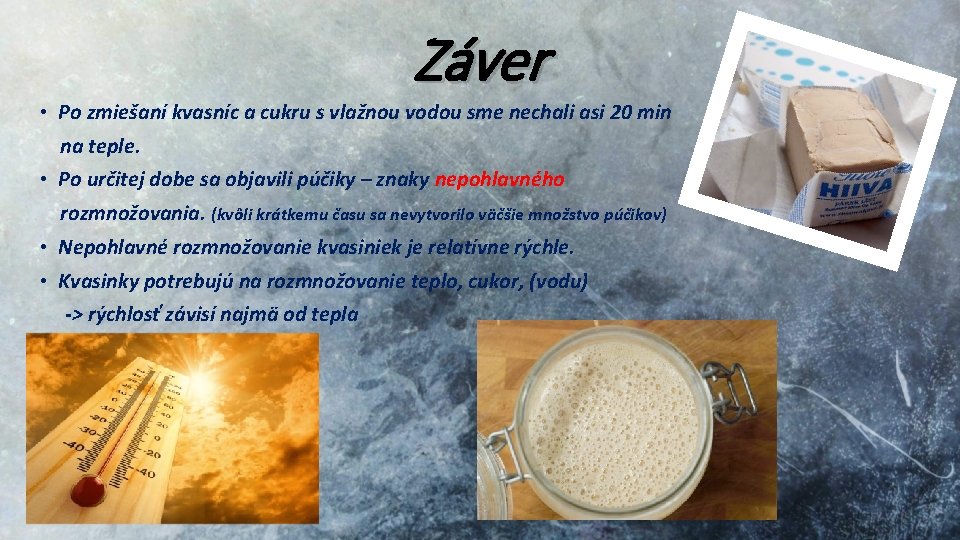 Záver • Po zmiešaní kvasníc a cukru s vlažnou vodou sme nechali asi 20