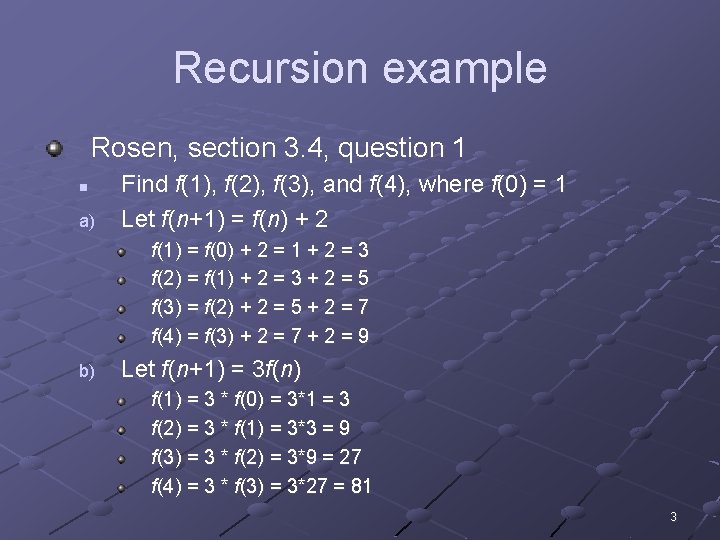 Recursion example Rosen, section 3. 4, question 1 n a) Find f(1), f(2), f(3),