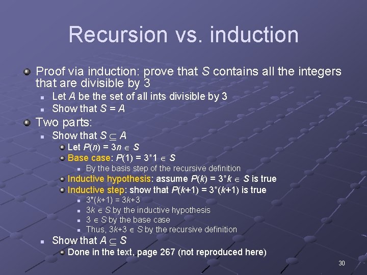 Recursion vs. induction Proof via induction: prove that S contains all the integers that