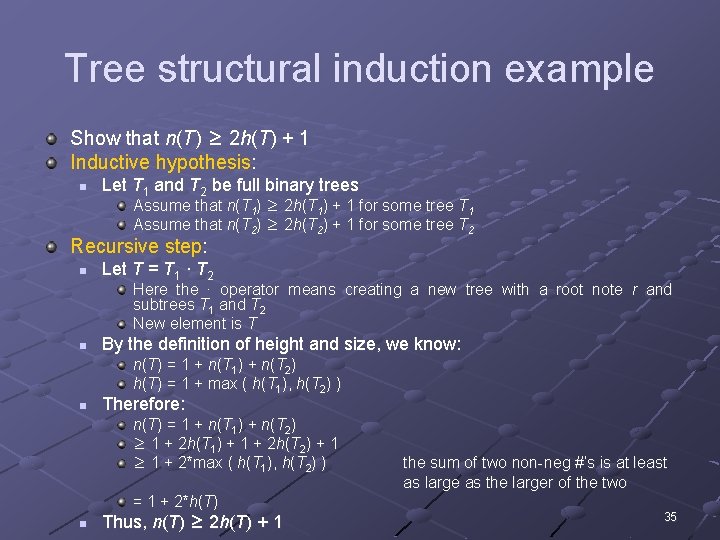 Tree structural induction example Show that n(T) ≥ 2 h(T) + 1 Inductive hypothesis: