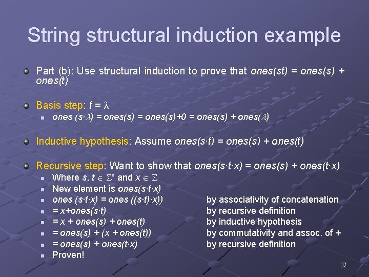 String structural induction example Part (b): Use structural induction to prove that ones(st) =