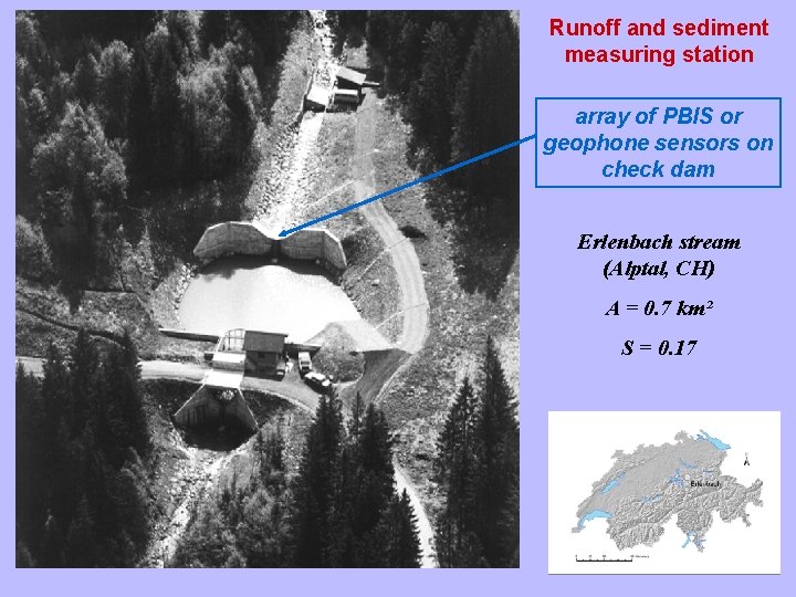 Runoff and sediment measuring station array of PBIS or geophone sensors on check dam