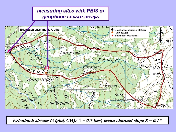 measuring sites with PBIS or geophone sensor arrays Erlenbach stream (Alptal, CH): A =