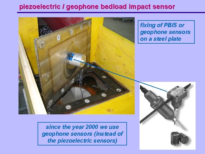 piezoelectric / geophone bedload impact sensor fixing of PBIS or geophone sensors on a