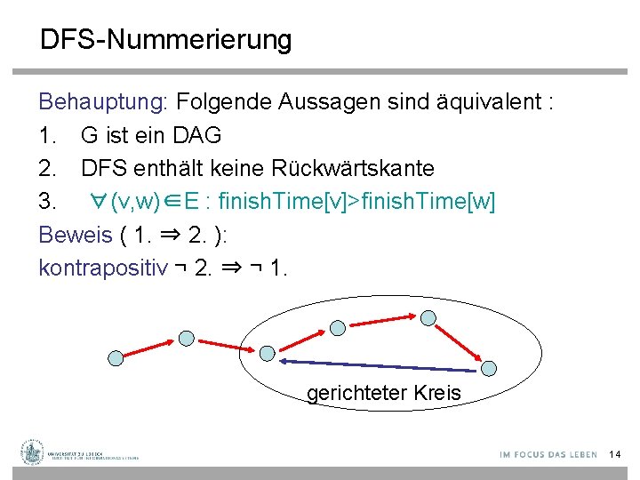 DFS-Nummerierung Behauptung: Folgende Aussagen sind äquivalent : 1. G ist ein DAG 2. DFS