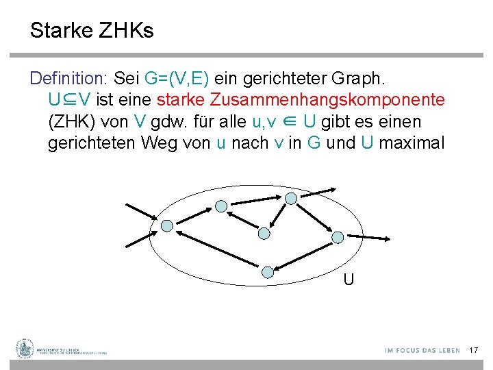 Starke ZHKs Definition: Sei G=(V, E) ein gerichteter Graph. U⊆V ist eine starke Zusammenhangskomponente