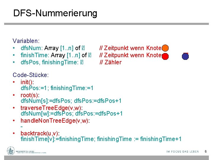 DFS-Nummerierung Variablen: • dfs. Num: Array [1. . n] of ℕ • finish. Time: