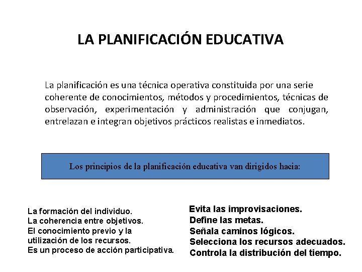 LA PLANIFICACIÓN EDUCATIVA La planificación es una técnica operativa constituida por una serie coherente