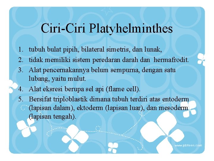 Ciri-Ciri Platyhelminthes 1. tubuh bulat pipih, bilateral simetris, dan lunak, 2. tidak memiliki sistem